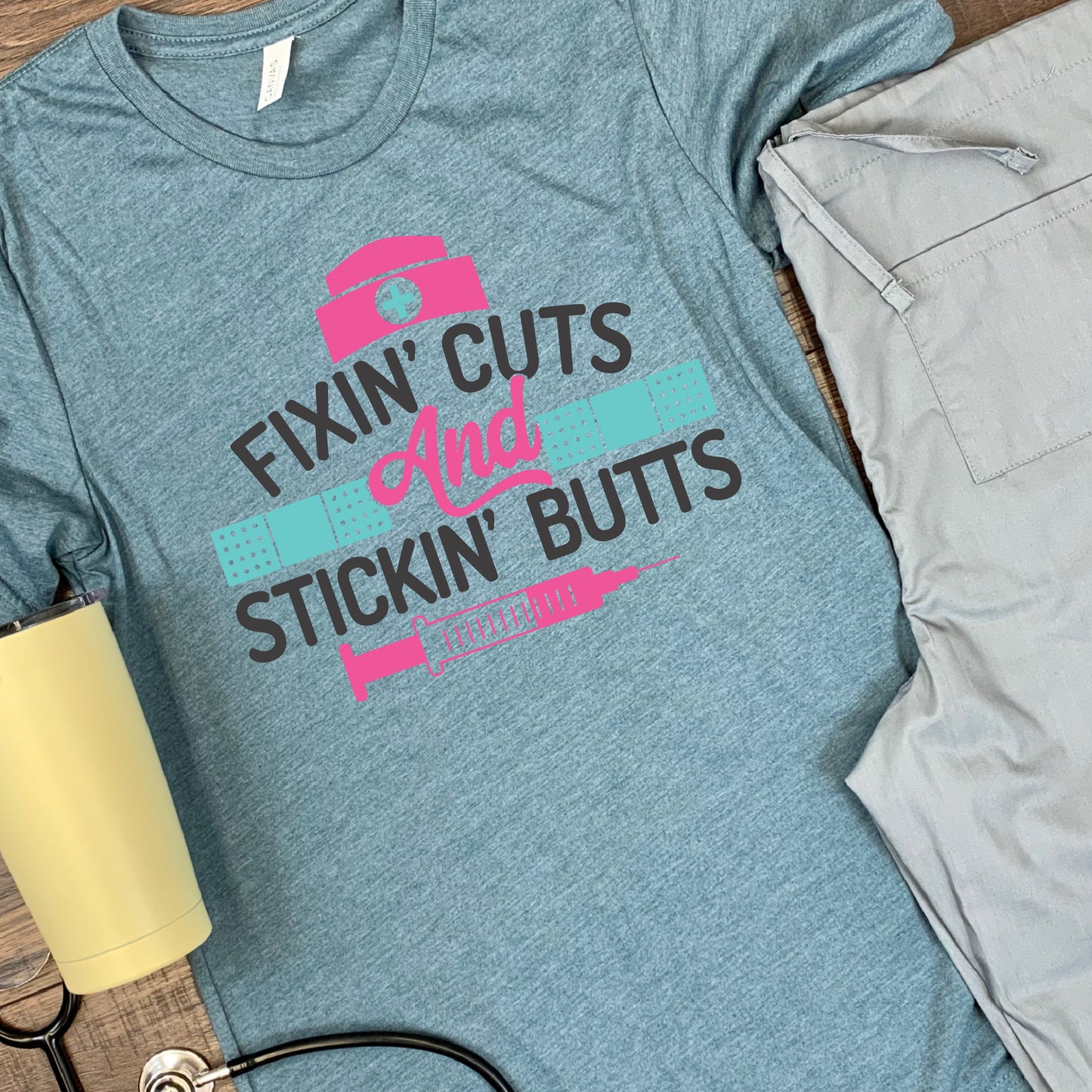Fun, custom "Fixin cuts and stickin butts" T-shirt